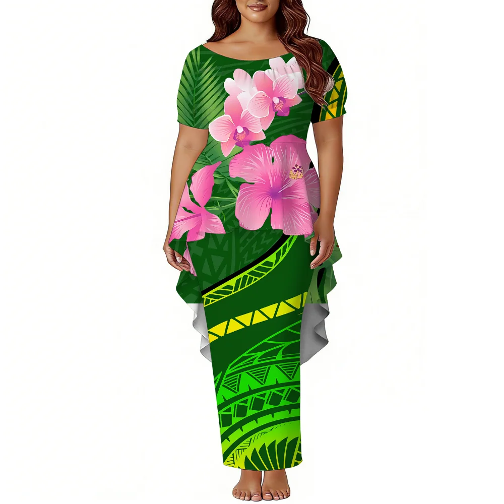폴리네시아 섬 스타일 여성 반팔 푸레타시 꽃무늬 드레스 사모아 파티 스타일 이브닝 드레스