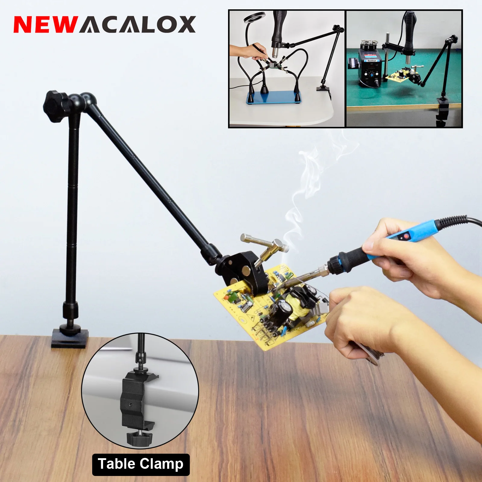 Руки помощи при пайке NEWACALOX 360° °   Вращающийся держатель термофена, крепления для камеры, зажимы, сварочный третий ручной инструмент для ремонта печатных плат