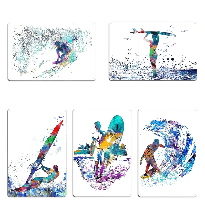 Kitesurfing watercolor kiteboarding Male surfer Windsurfer Metal Party Customize Pub Plates Character Plaques Tin Sign Poster