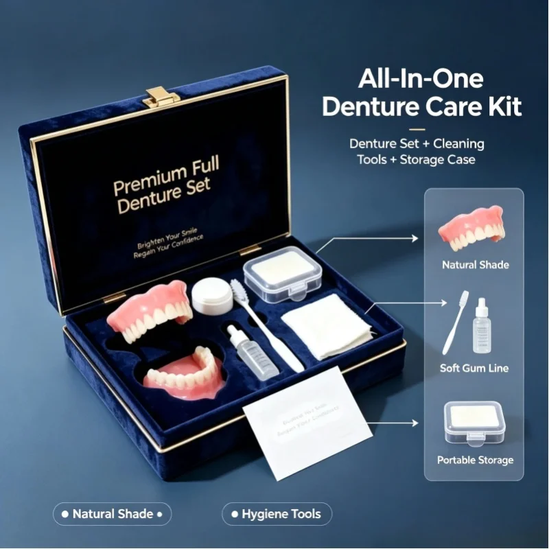Komplettes All-in-One-Mundprothesen-Set, Komfort-Silikon-Set für obere und untere Zahnprothesen mit Geschenkbox und kompletten Zahnpflege-Reinigungswerkzeugen