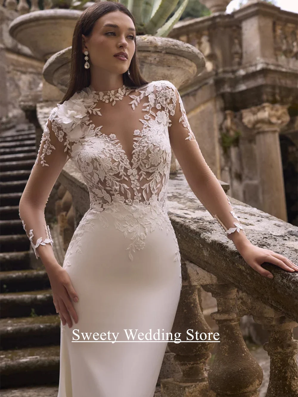 Abito da sposa sexy Vestido De Noiva maniche lunghe personalizzate vedere attraverso il corpo applique corte strascico abito da sposa a sirena