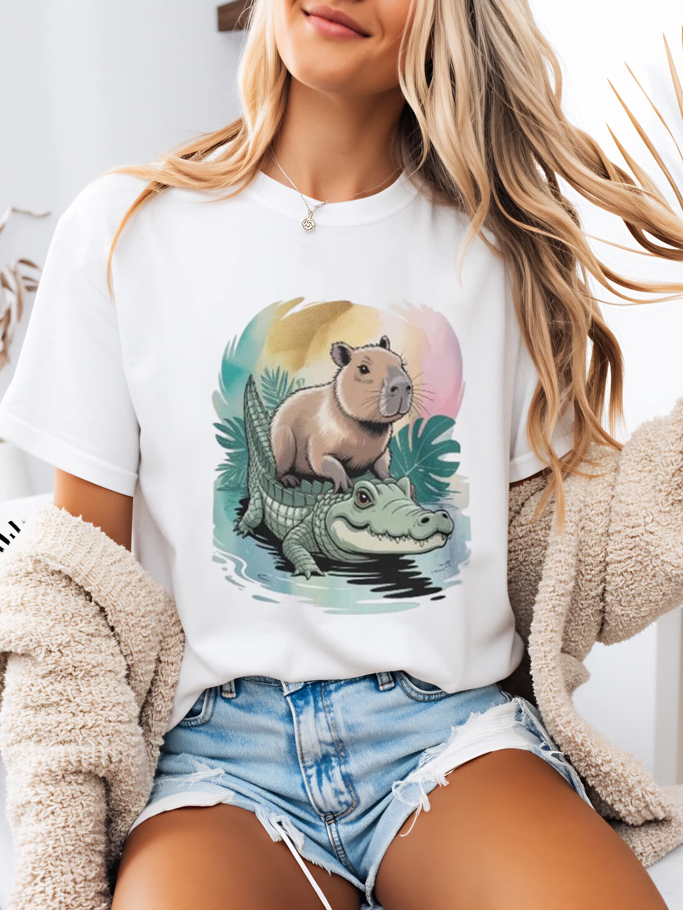 

Capybara and Crocodile Print Summer Casual T-Shirt for Women Beach Vacation White Plus-Size