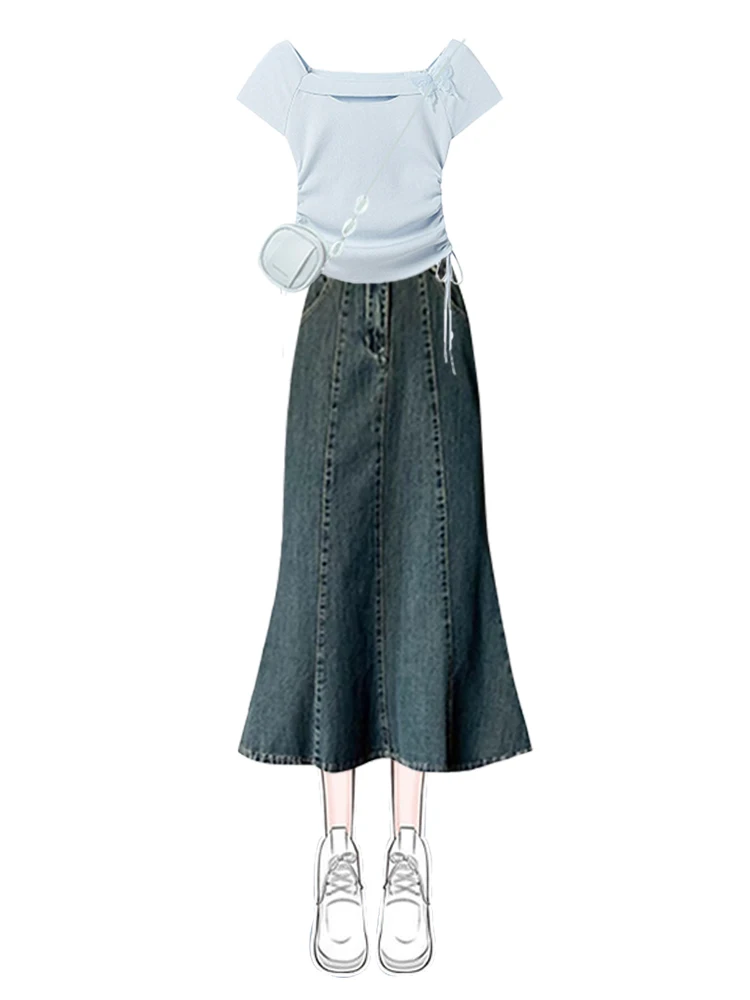 Summer 2025  Design ort Sve T-irt Blue Fi Tail Denim Skirt Set Vintage Retro Sle Polyester Fiber round Ne