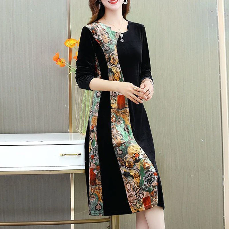 Women Velvet Spliced Printed Midi Dress Three Quarter Sleeve Round Neck Elegant A Line Casual Dress