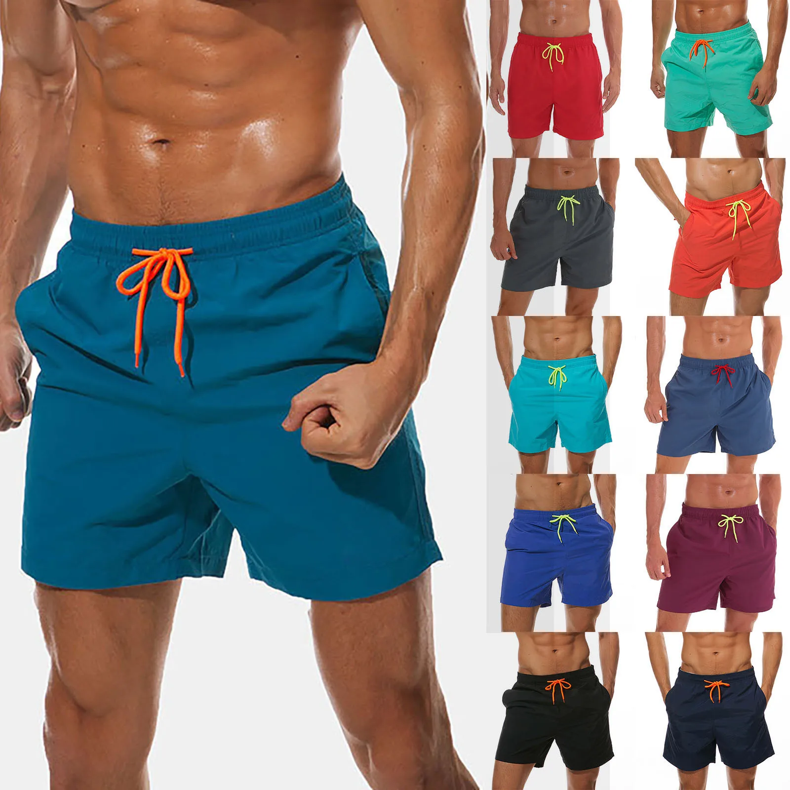 Men'S Summer Swim Trunks Fashion Simple Solid Color Quick Dry Beach Shorts With Pocket And Mesh Drawstring Elastic Waist Shorts