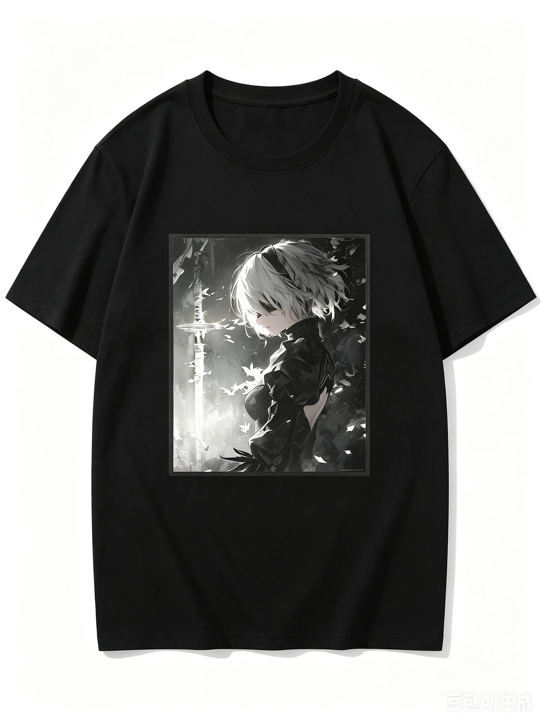 2026 New Unisex Crew Neck Casual Short Sleeve T-Shirt With Monochrome Side Profile Sword 2B Square Frame Anime Print T-Shirt
