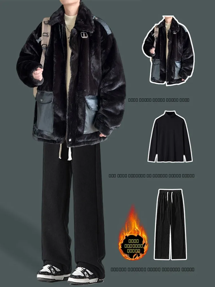 

Thiened Cotton Jaet Men's Winter Faion Brand Fake Fur Workwear Youth Casual Sle Polyester Fiber Long Sve Zipper