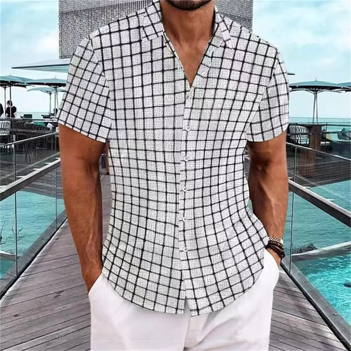 New men's casual short shirt can be worn outside in 4 colors Men's fashion digital printed plaid short-sleeved shirt
