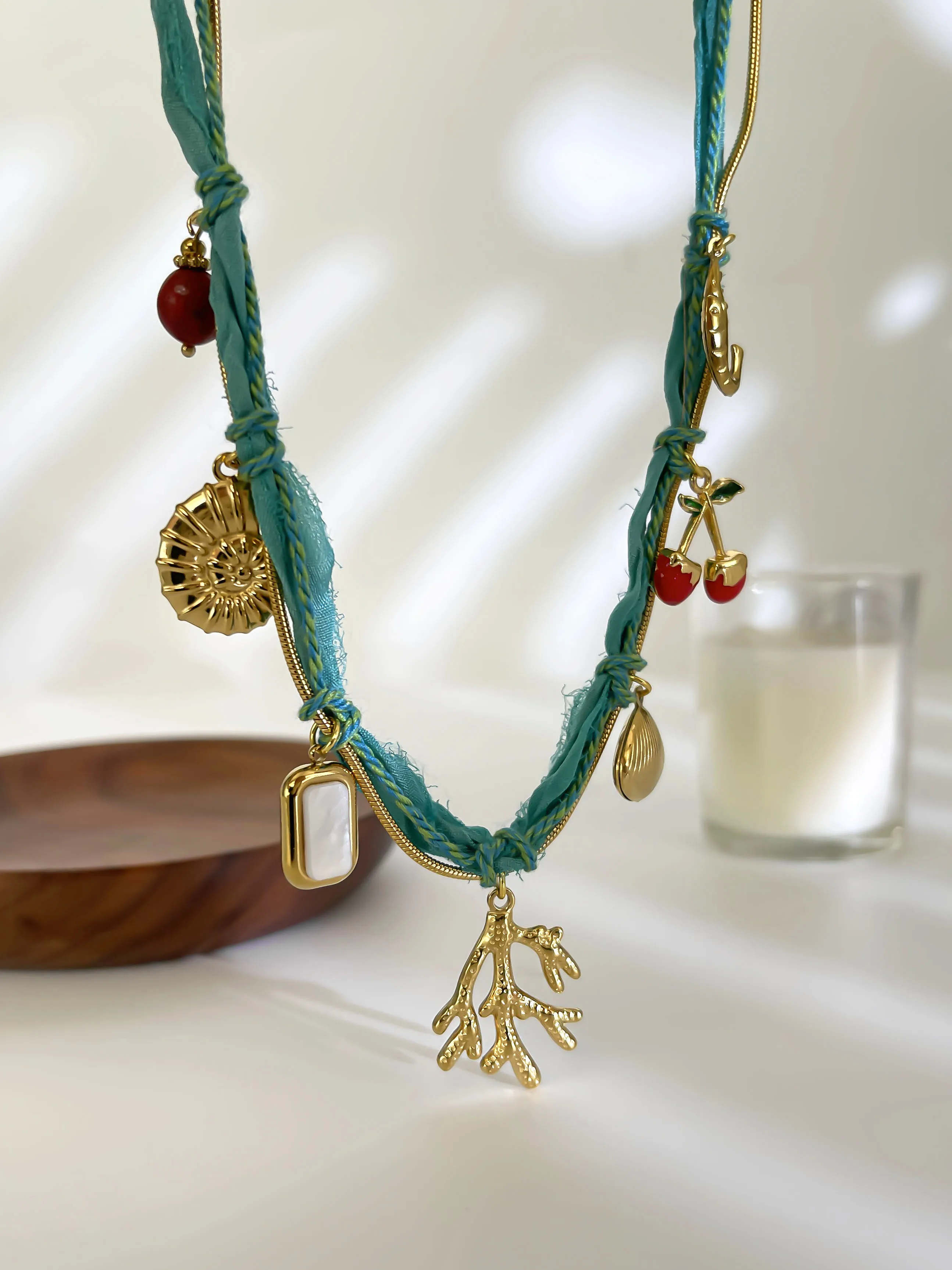 GHIDBK جديد بوهيميا الفولاذ المقاوم للصدأ محارة المرجان قذيفة الكرز الحجر الطبيعي Charms قلادة قلادة المرأة موضة مجوهرات الحفلات #5