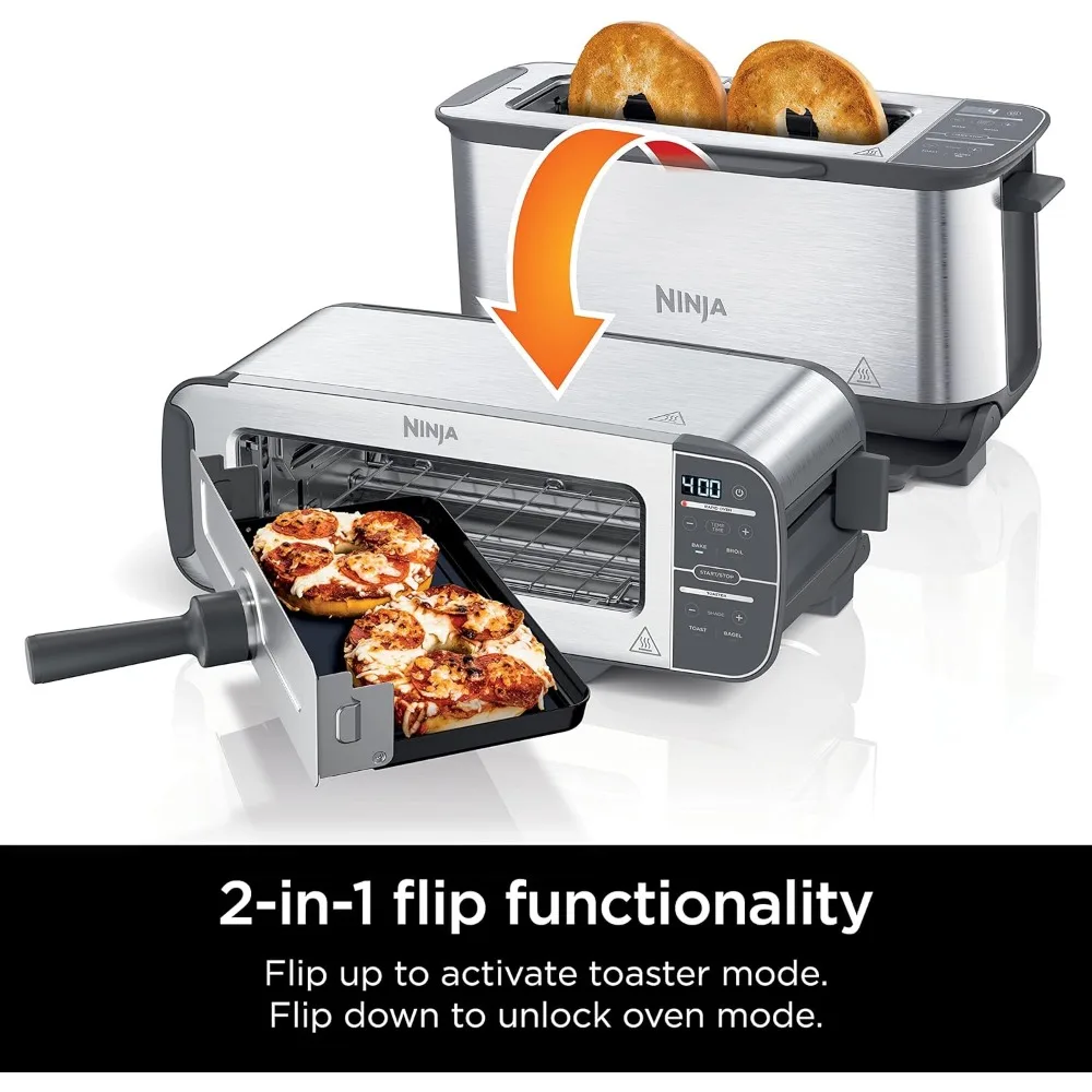 ST100 Foodi 2-in-1 Flip Toaster, 2-Slice Capacity, Compact Toaster Oven, Snack Maker, 1500 Watts, Stainless Steel