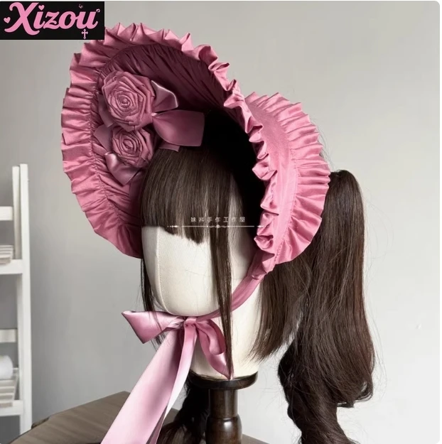 

Original Handmade Bonnet Sweet Hat Satin Bnt Satin Ruffled Rose Lolita Girls Womensweet Headband Lolita Clothing Accessories
