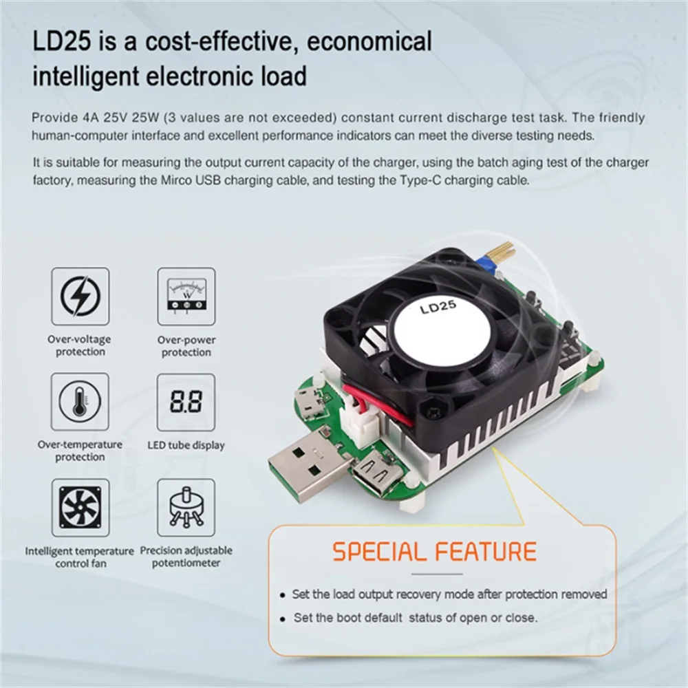 LD25 LD35 USB Electronic Load Tester Multifunctional Digital Voltage Current Meter Battery Tester Adjustable Resistor with Fan