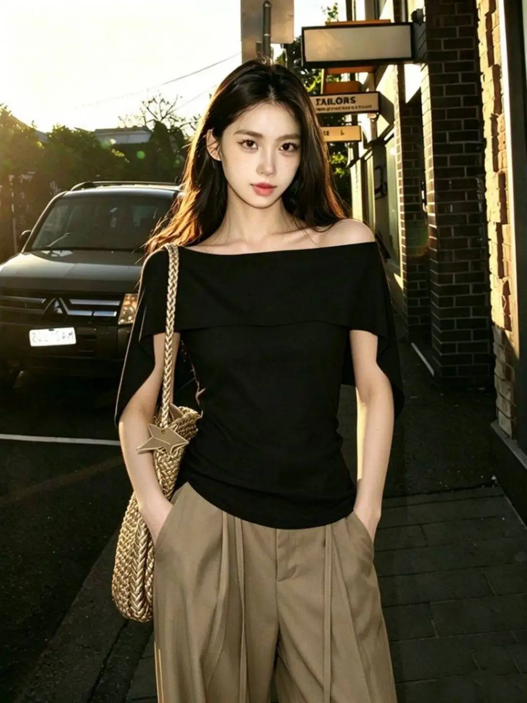 Loose Fit Shoulder Baring Short Sleeve T Shirt Women's Summer 2026 New Style Casual Loose Waist Cinching Draping Top