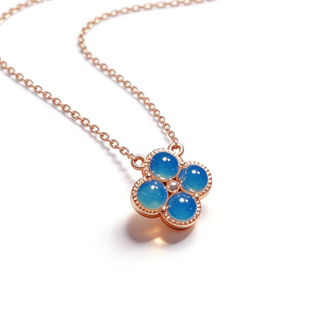 

Sterling Silver Natural Mexican Blue Amber Clover Pendant 5mm Round Bead Four Leaf Charm Necklace for Women Gift