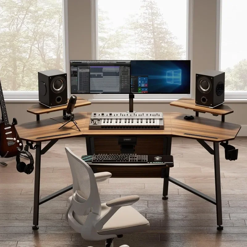 72-inch Computer Desk, Keyboard Tray, Wing-shaped Music Studio Desk, LED Convertible Monitor Stand, Dual Headphone Stand