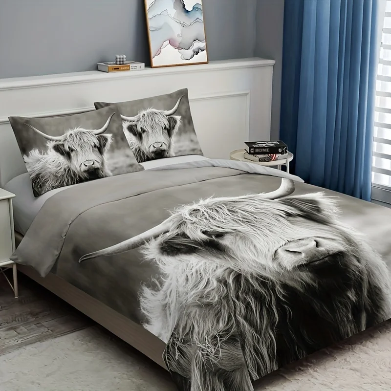 3PCS Fashion Field Style Highland Cow HD Digital Printing Home Duvet Cover Three-piece Set 1 Duvet Cover+1 Or 2 Pillowcases