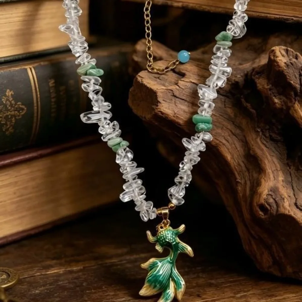 Medieval Vintage Fish-shaped Pendant Necklace Earrings Set Hanfu Accessories Light Luxury Crystal Green Stone Jewelry 0038