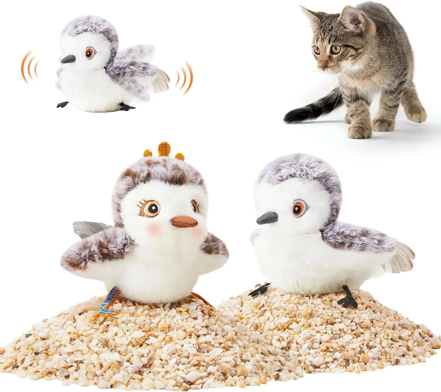 

Potaroma Cat Toys 2 Pcs Flapping Sandpiper Pair-Mate, Lifelike Birds Chirp, Chargeable Touch Activated Kitten Fun Interactive Ki