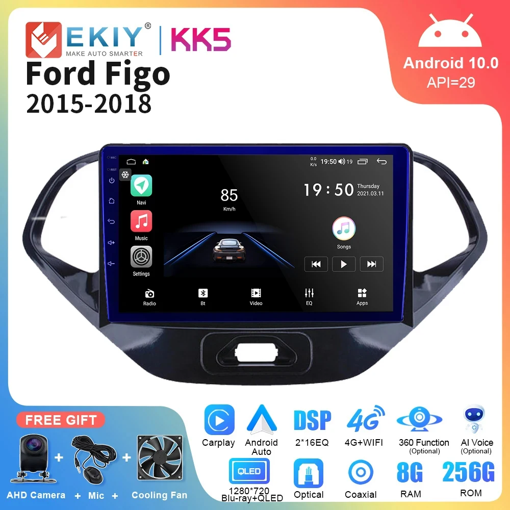 

EKIY KK5 2 Din Car Radio For Ford Figo 2015 - 2018 AI Voice Multimedia Video Player QLED Screen Bluetooth USB Carplay Stereo GPS