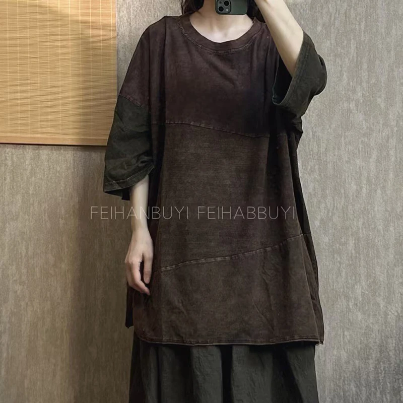 

Oversized Women Casual Long T-shirts New 2026 Summer Vintage Style O-neck Patchwork Color Loose Female Cotton Tops Tees M2409