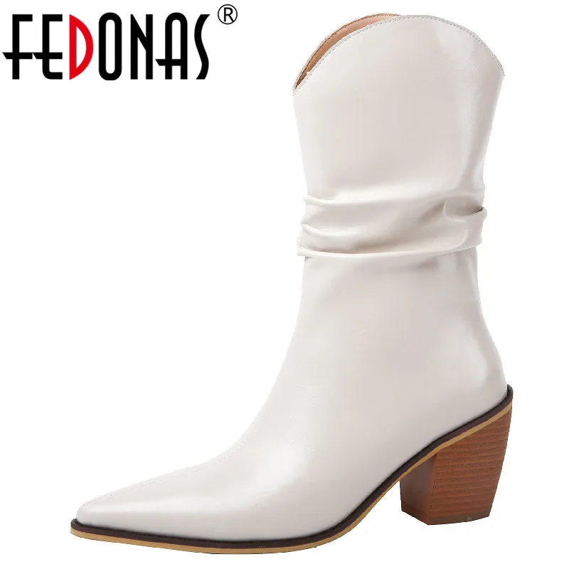 

FEDONAS Four Season New Women Mid-Calf Boots Fashion Concise Genuine Leather Shoes Woman Pointed Toe Thick Heels Western Boots