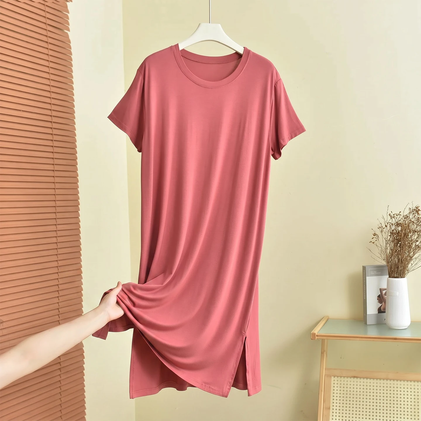 Lightweight Modal round Neck Short Sleeve T-Shirt Dress Summer Loose A-Line Skirt Home Wear Ladies Nightgown Simple Style Lon...