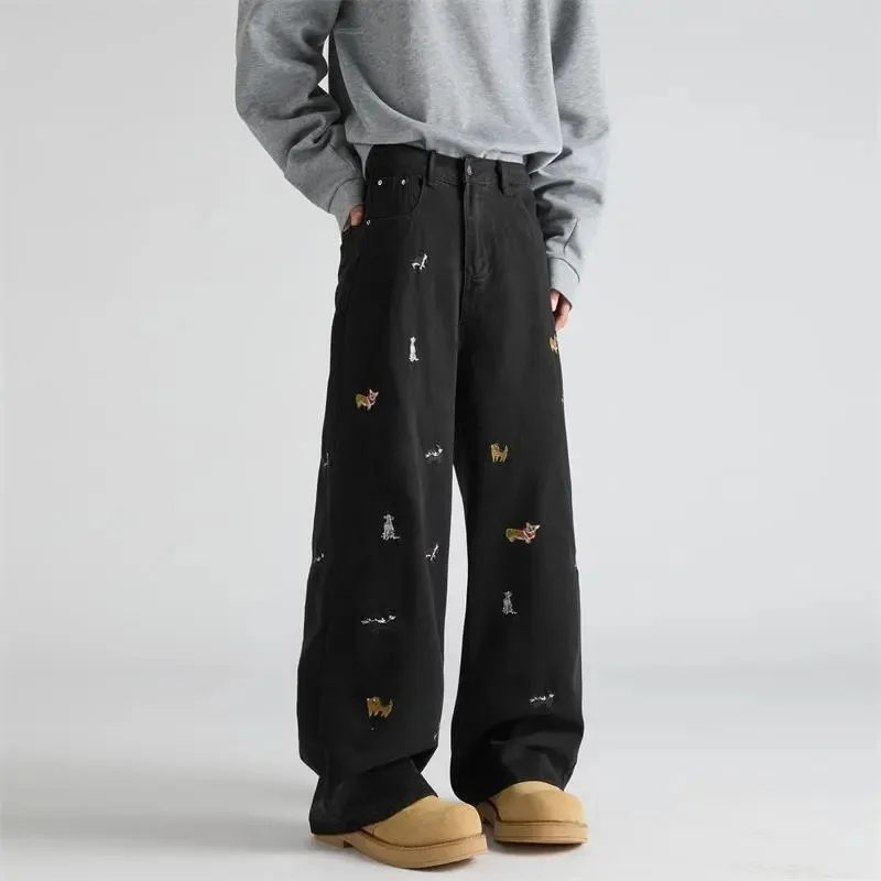 【Mirrordust】American Style Embroidered Vintage Jeans for Men Loose Wide-Leg Casual Long Pants Korean Style