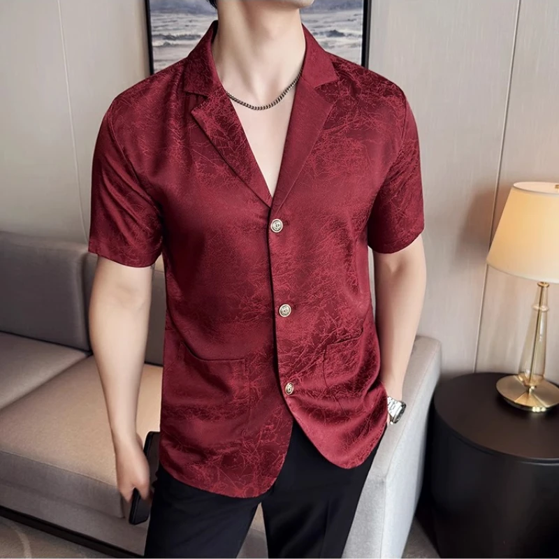 

2025 Summer New Men's Ice Silk Short Sleeved Suit Shirt High Quality Home Luxury Jacquard Design Single Western Casual Clothes