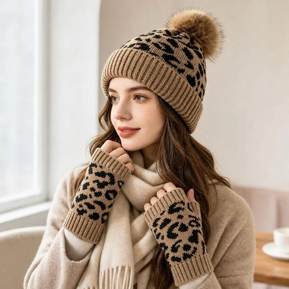 2Pcs/Set New Leopard Knit Beanie Soft Warm Leopard Print Beanie Pom Pom Beanie Outdoor Wear