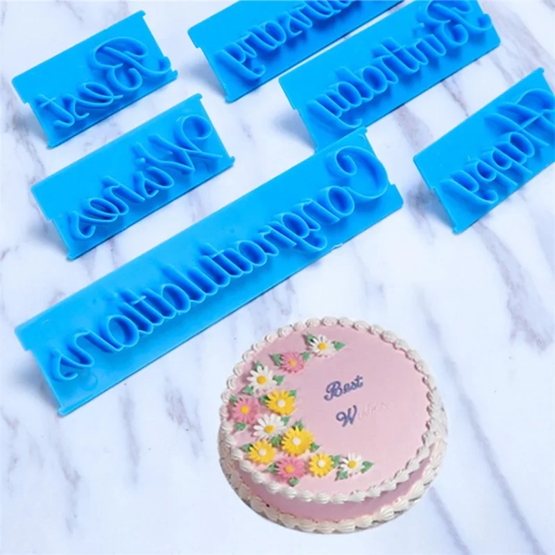 6pcs/set Handwriting Fondant Cake Embosser Plastic Letters Mold Happy Birthday Best Wishes Baking Molds Decoration Tool DropShip