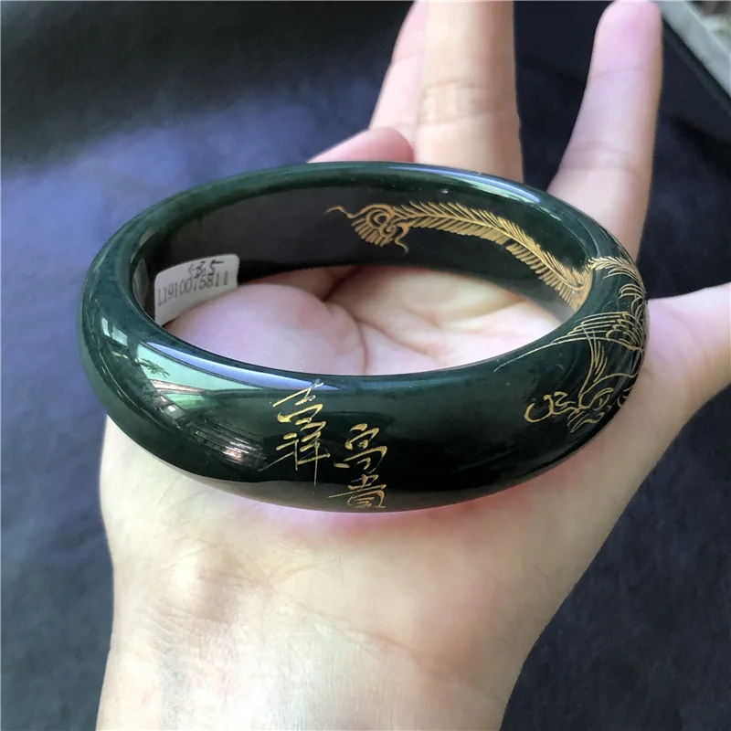 

Natural Nephrite Green Jade Bangle Women Healing Gemstone Fine Jewelry Genuine Hetian Jades Golden Lotus Flower Bangles Bracelet