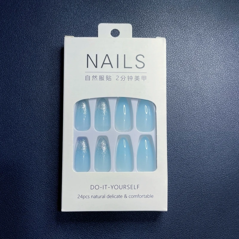 24pcs Medium Almond Press On Nails Light Blue Silver Glitter False Nail-senza colla