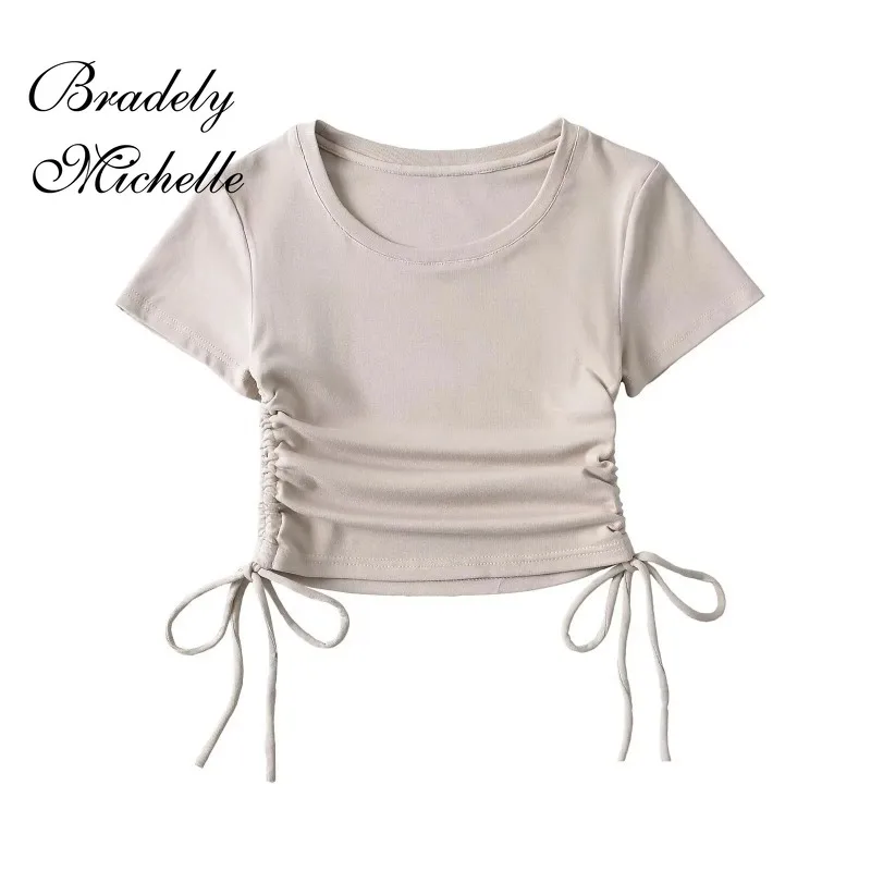 Side Drawstring O-neck Summer Crop Tops Women Short Sleeve Tops Sexy Bottoming Blouses T-shirt