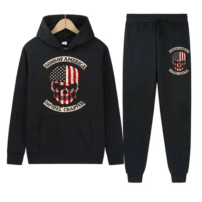 2025 Spring Autumn Men Casual 2PC Sets Trend Hoodie Tops Long Pant Warm Sweatshirts Daily Street Fashion Flag Skull Print Sports