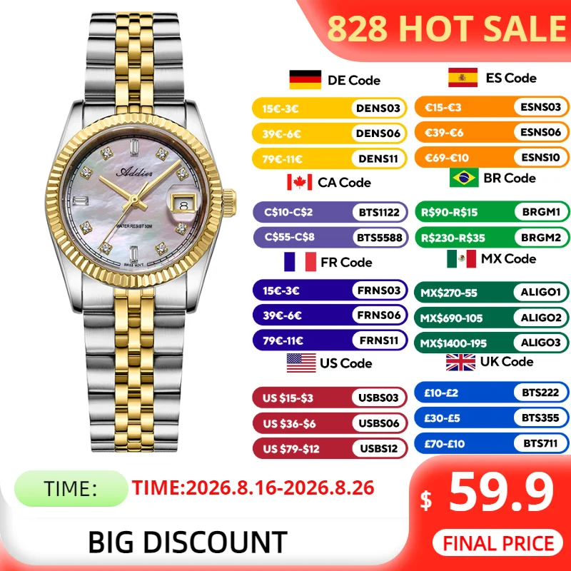 Luxury Watch All Brands - ADDIES สแตนเลสสตีลนาฬิกาสุภาพสตรีแบรนด์หรูสวิส 585 ควอตซ์คริสตัลแซฟไฟร์นาฬิกาผู้หญิง 50 M