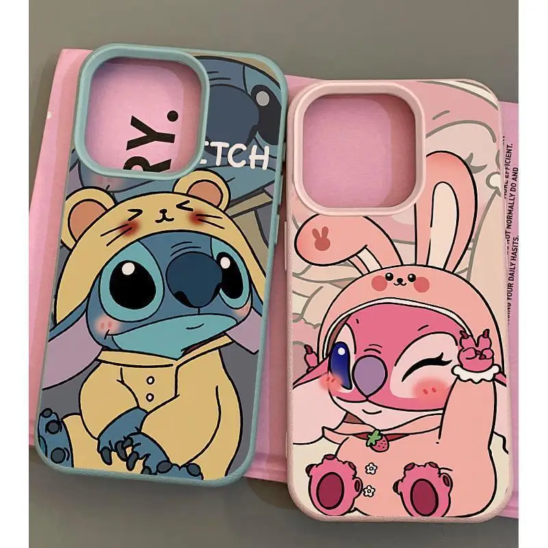 Cute Cartoon Stitch Couple Fashion TPU Imitation Leather Phone Case For iPhone 16 Plus 15 14 13 12 11 Pro Max Shock-absorbing