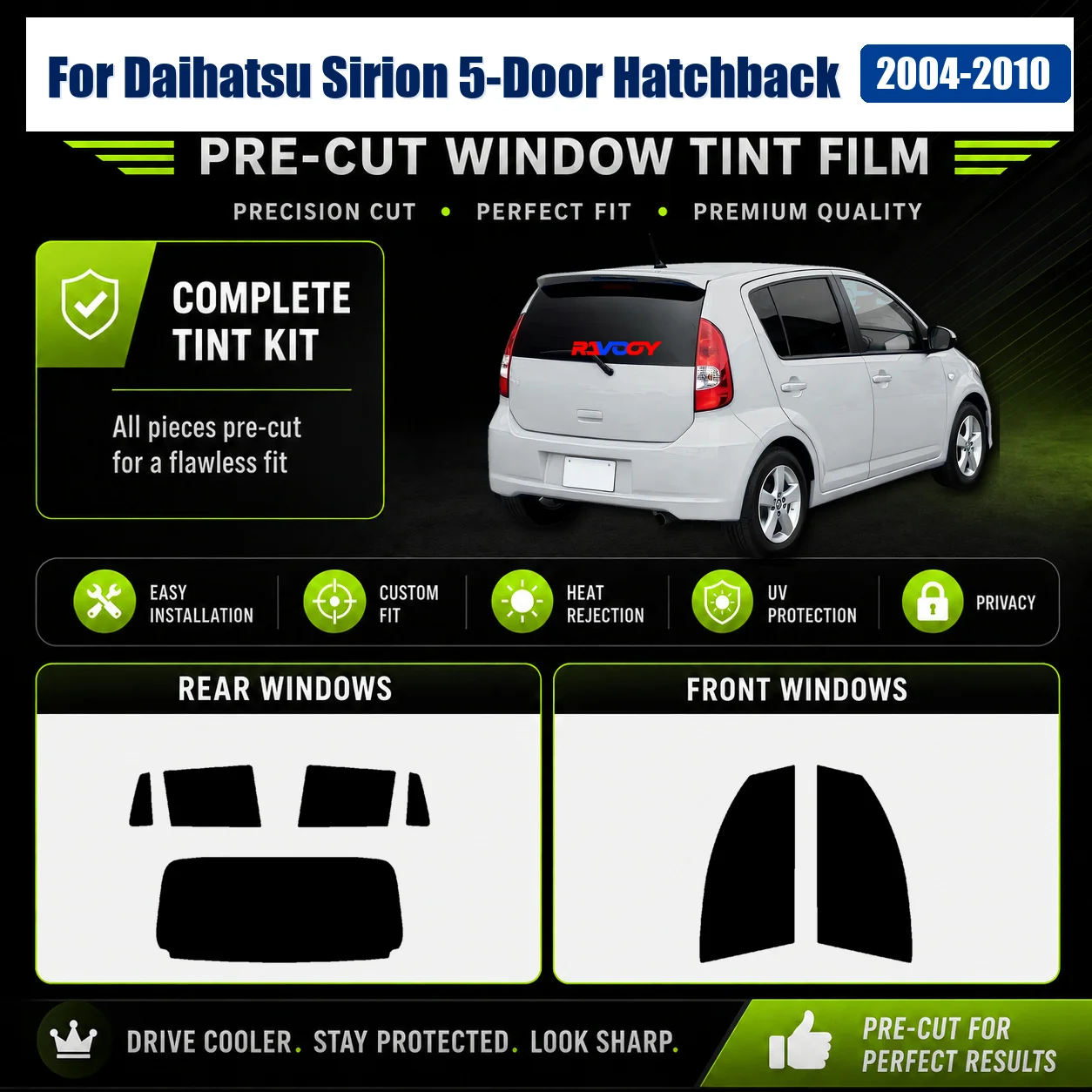 For Daihatsu Sirion 5-Door Hatchback 2004-2010 Sun Shade Film Tailored Front Window Rear Window Precut Glass Kit