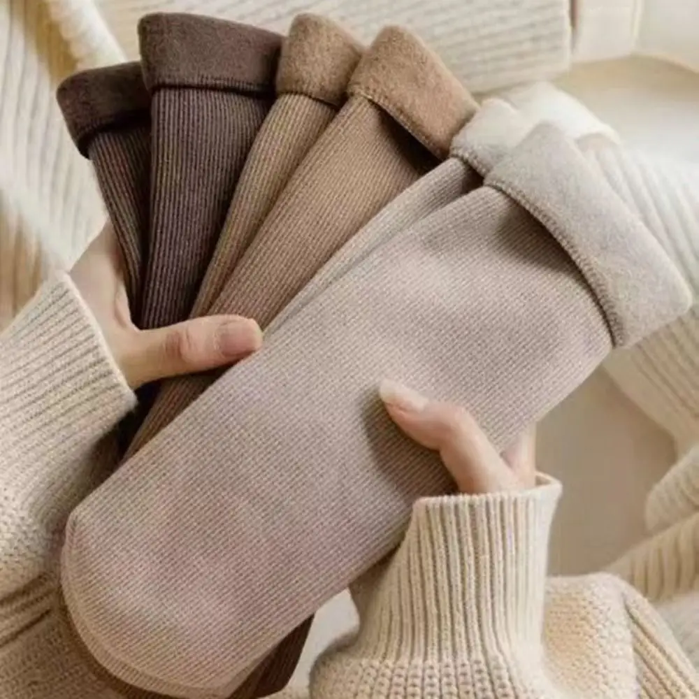 

5Pairs Stripe Thicken Warm Socks Solid Color Simple Thermal Mid Length Socks Thicker Mid Tube Winter Socks Women Sleeping Socks