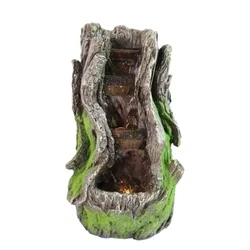 Outdoor Water Feature for Gardens & Patios Floor Tree Bark Water Fountain with LED Lights, Waterfall Garden Fountain