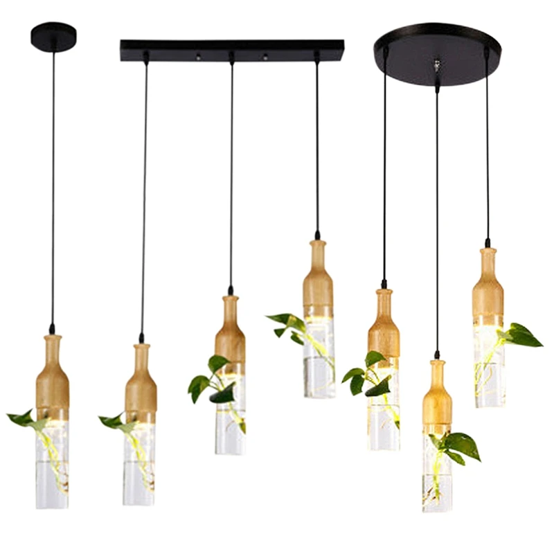 

Modern LED Plant Pendant Lights Wood Glass Bottle Lustres Luminaire Industrial Decor Hanging Lamp Lighting