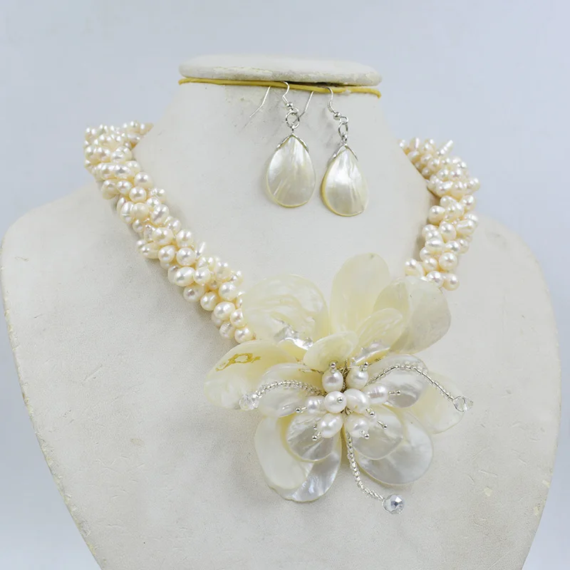 Fashion Stone Holiday Wedding Bridal Handmake Jewelry Freshwater pearl Large Flower Necklace 20\