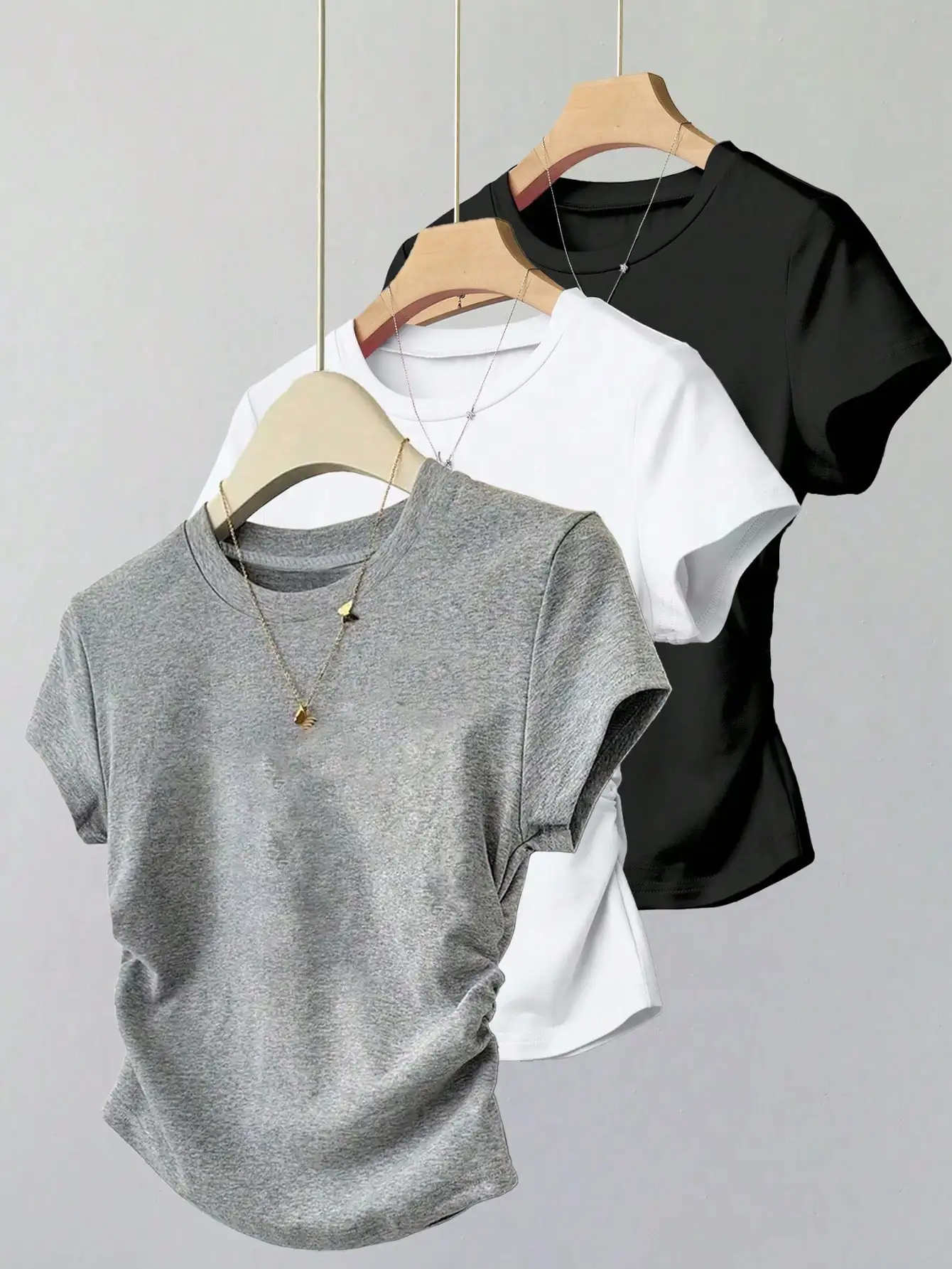 T-shirt casual da donna a maniche corte con vita arricciata, 3 colori per l'estate