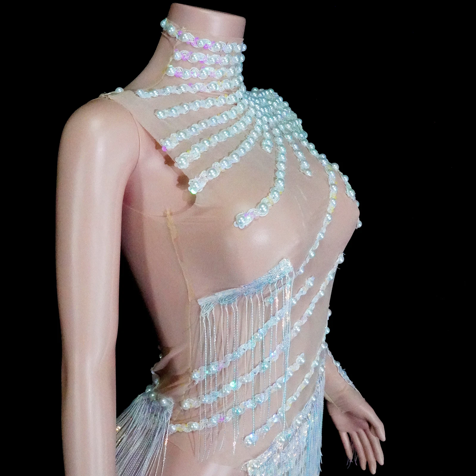 섹시한 태슬 크리스탈 블랙 드레스, 태슬 메쉬 폴댄스 공연 파티 나이트클럽 생일 DJ팀 여성 의상