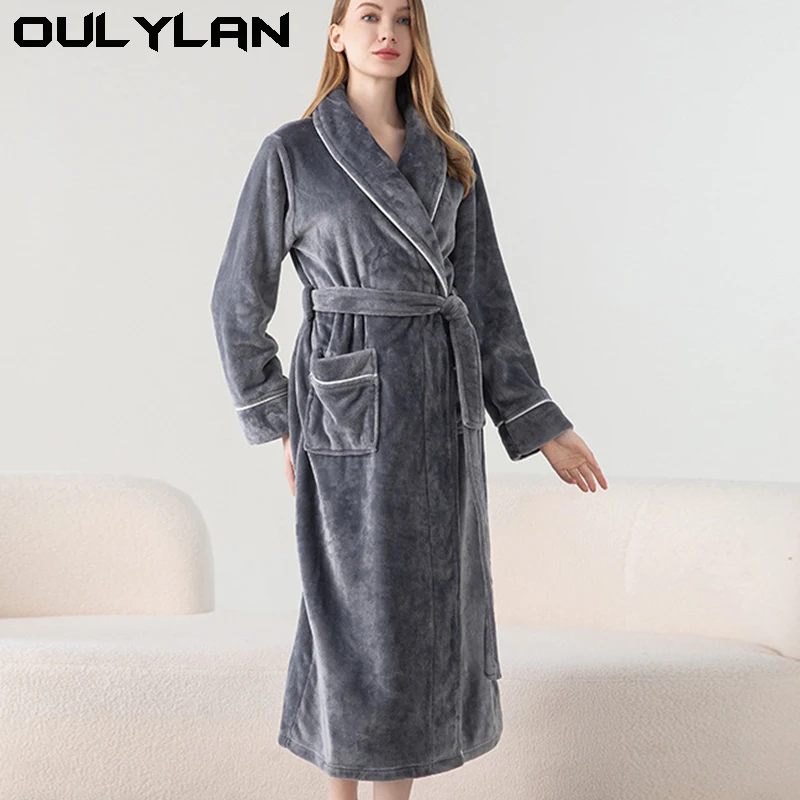 Flannel nightgown Thick plus long men's nightgown Winter bathrobe Pajamas Bathrobe Women's couple coral velvet autumn winter