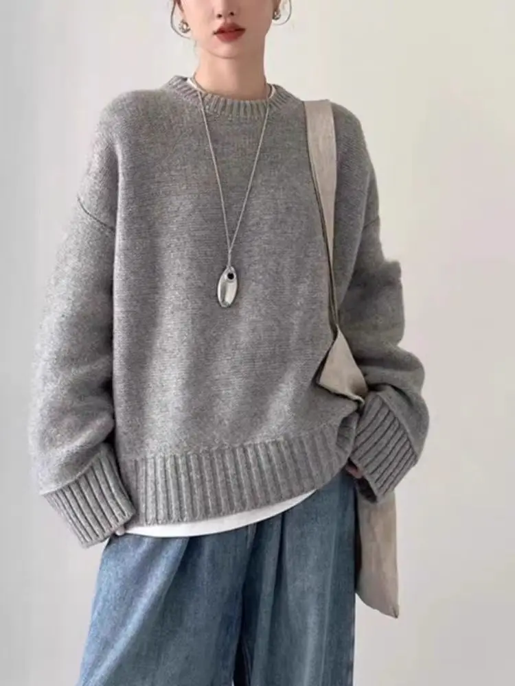 

100% Pure Wool Sweater Women's 2025 Autumn/Winter New Round Neck Knit Pullover Korean Fashion Loose Top Soft Comfortable Sweater
