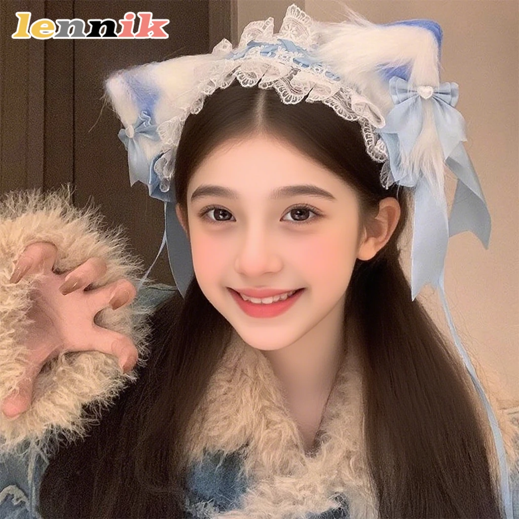LENNIK Women's Cosplay Lolita Maid Hair Accessory, Cat Ear Hair Clip & Headband Set, Suitable for Comic Con, Masquerade & Party