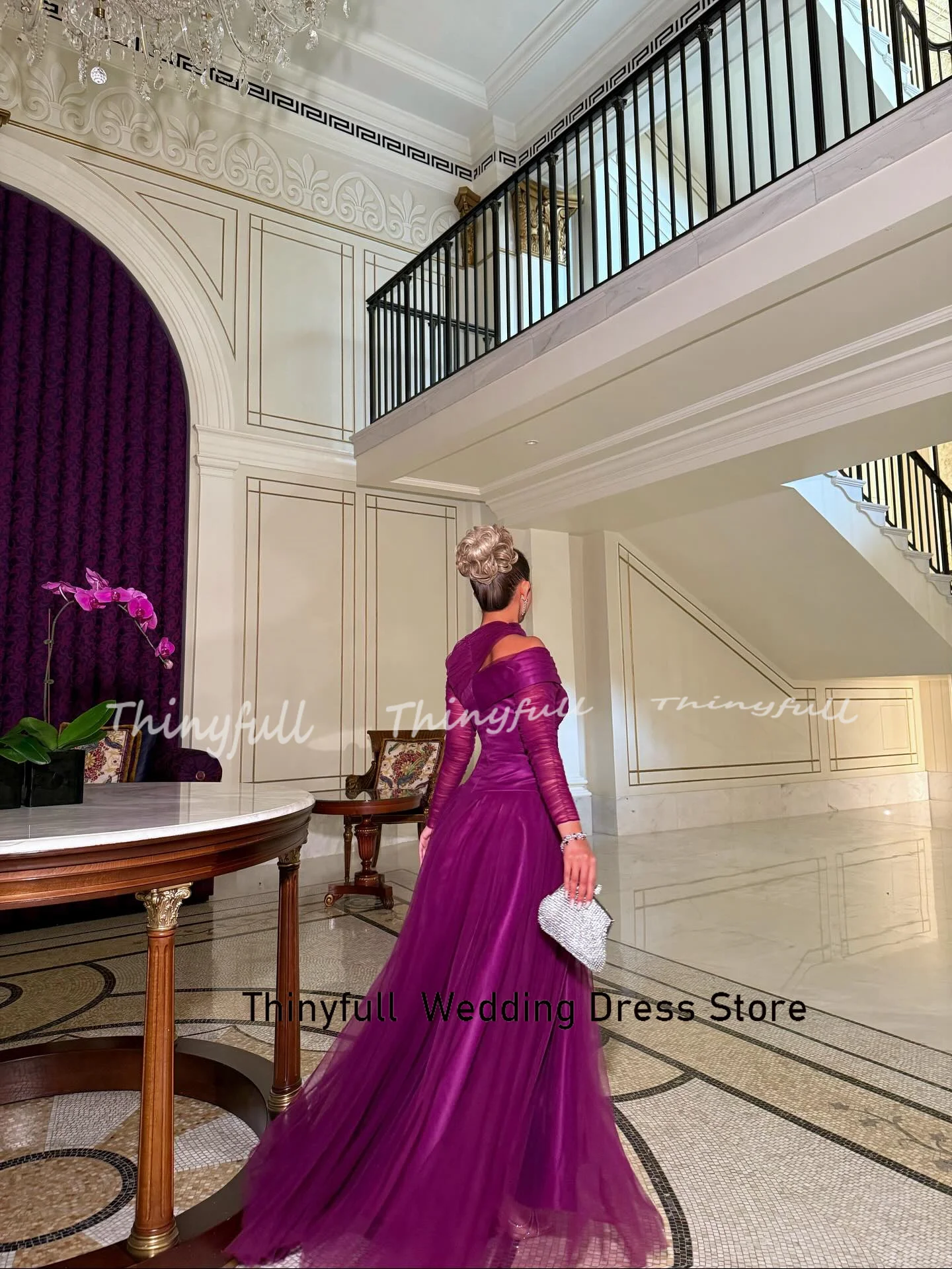 Thinyfull A라인 아랍 튤 프롬 드레스 긴 소매 이브닝 파티 드레스 두바이 공식 행사 가운 로브 드 소와레 맞춤 제작