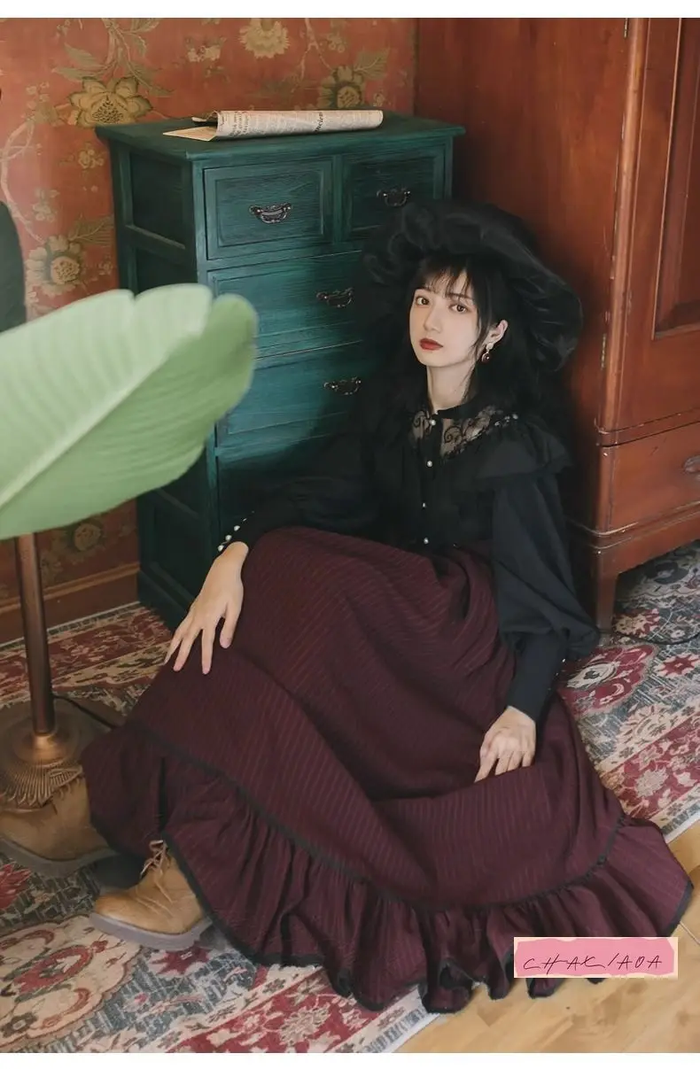 

Halloween Autumn French Gothic Vintage Dark Lolita Lantern Long Sleeve Lace Shirt Striped Large Dress Two-piece Dress Women