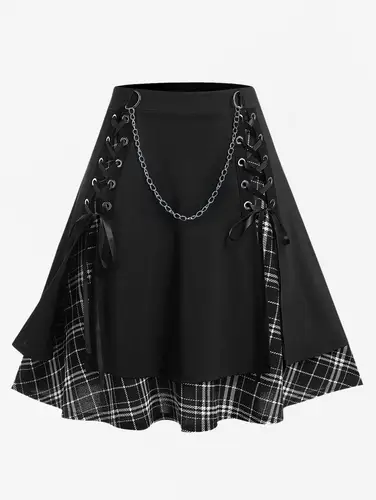 ROSEGAL Falda gótica de talla grande para mujer, falda informal lisa con detalle de cadena, costuras de cintura alta, faldas plisadas a cuadros con cordones en capas 5XL
