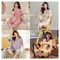 Women Summer Spring Two Pieces Sets Pajamas O-neck Short Sleeve Pant-7 Homewear Girls Big Size Thin Printing Cartoon Soft Cute